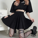 HOUZHOU Black Mini Skirt Gothic Women Fairy Grunge High Waist Loose A-line Skirt Shorts Goth Egirl Summer Harajuku Streetwear