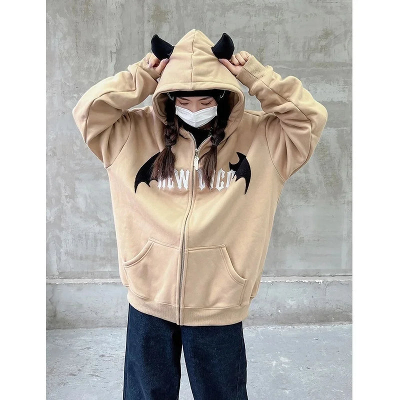 Retro Little Devil Horn Hoodies Y2k Women Letter Embroidery Zipper Hooded Sweatshirt Harajuku Casual Loose Jacket Coats