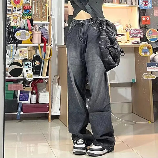 Women Vintage Streetwear Black Baggy Korean Jeans High Waiste Oversize Wide Leg Pants Grunge Denim Trousers Y2K Alt Clothes