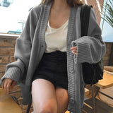 2023 Autumn Women's Sweater Fashion V-neck Vintage Knitted Cardigan Korean Loose Solid Sweaters Female