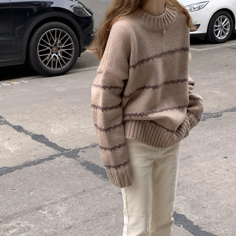 Retro Loose Sweater Women's Long Sleeve Striped Half High Neck Knit 2023 Autumn Winter Thickened Warm Pullover