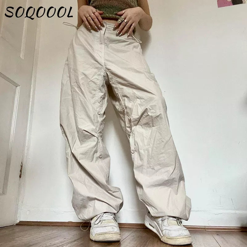 Y2K Cargo Pants Women Low Waist Drawstring Sweatpant Streetwear Vintage Baggy Wide Leg Trousers Oversized Parachute Pants Jogger