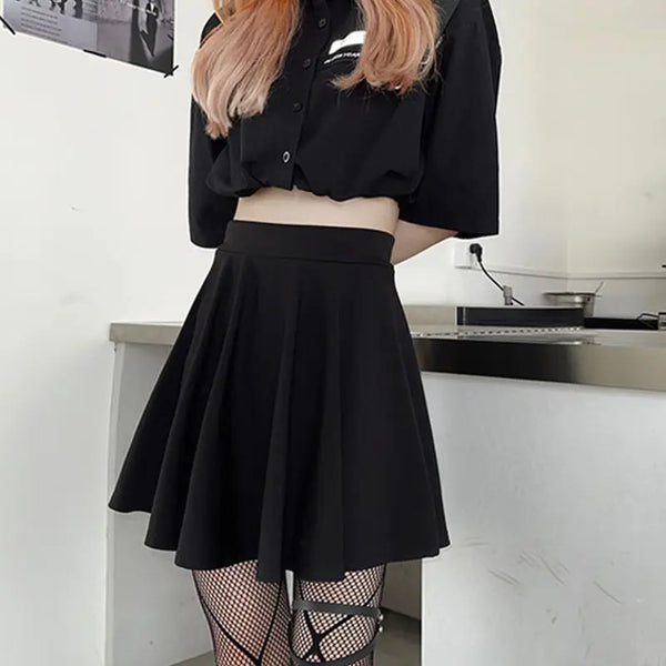 HOUZHOU Black Mini Skirt Gothic Women Fairy Grunge High Waist Loose A-line Skirt Shorts Goth Egirl Summer Harajuku Streetwear