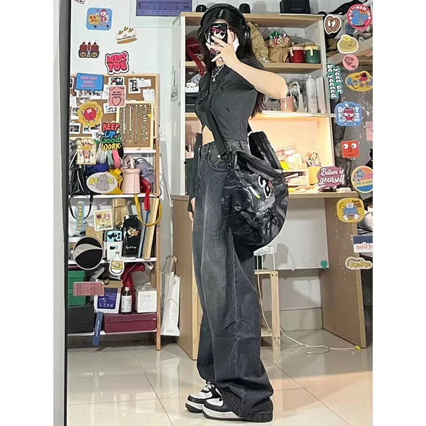 Women Vintage Streetwear Black Baggy Korean Jeans High Waiste Oversize Wide Leg Pants Grunge Denim Trousers Y2K Alt Clothes