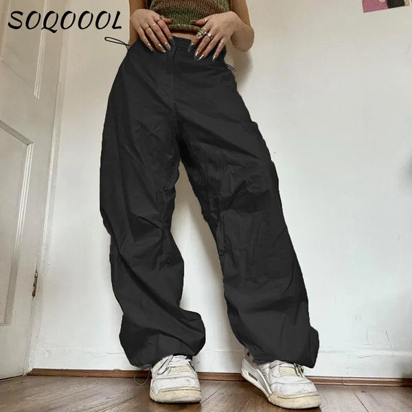 Y2K Cargo Pants Women Low Waist Drawstring Sweatpant Streetwear Vintage Baggy Wide Leg Trousers Oversized Parachute Pants Jogger