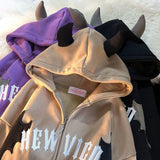 Retro Little Devil Horn Hoodies Y2k Women Letter Embroidery Zipper Hooded Sweatshirt Harajuku Casual Loose Jacket Coats