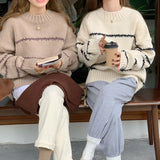 Retro Loose Sweater Women's Long Sleeve Striped Half High Neck Knit 2023 Autumn Winter Thickened Warm Pullover