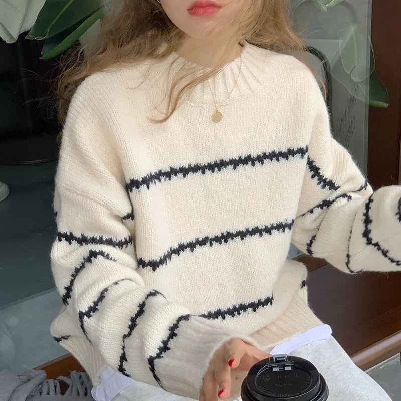 Retro Loose Sweater Women's Long Sleeve Striped Half High Neck Knit 2023 Autumn Winter Thickened Warm Pullover