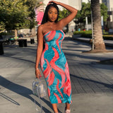 Spring/Summer Women's Colorful Tie Dye Print Off Shoulder Wrapped Chest Dress