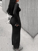 LW BASICS Long Sleeve Casual Maxi Dresses Autumn & Winter 2023 Women New Streetwear Solid Black U Neck Sexy Bodycon Dress