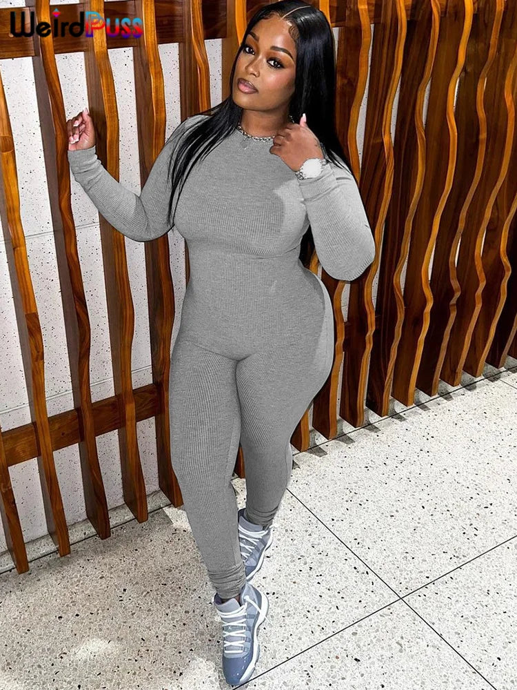 Weird Puss Solid Fitness Casual Jumpsuit Women Long Sleeve Stretch Skinny Activity Sporty Tight Simple Fall Streetwear Overalls